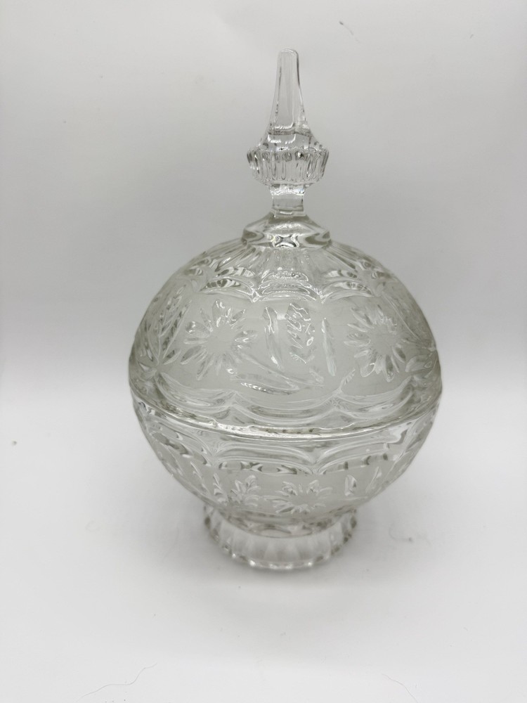 Vintage Footed Crystal Candy Dish w/Lid Frosted Floral Band 10″ x 6.5″ Zajecar