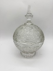 Vintage Footed Crystal Candy Dish w/Lid Frosted Floral Band 10″ x 6.5″ Zajecar