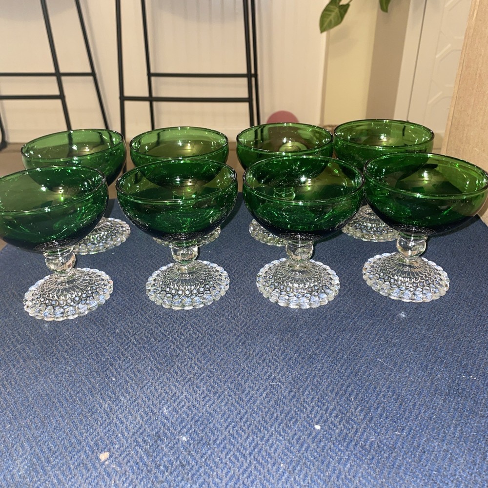 8 Vtg Anchor Hocking Forest Green Bubble Footed Champagne/Sherbet Cup-Stunning!