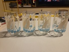 Vintage Mid Century Nautical Glasses 4 Sailboats, Teal Blue Waves, Birds