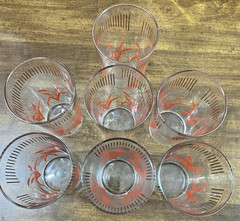 7 – Federal Glass -MCM Red Cattail & Gold Trim Tumblers Drinking Glasses 12 oz