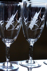 Vintage Set 8 HAND CUT ASIAN BAMBOO STEMS & LEAVES Wine Glasses 5.5″ Hand Blown