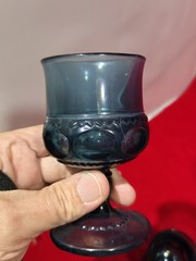 5 Vintage Indiana Glass 4.5” Kings Crown Thumbprint Footed Goblets Blue