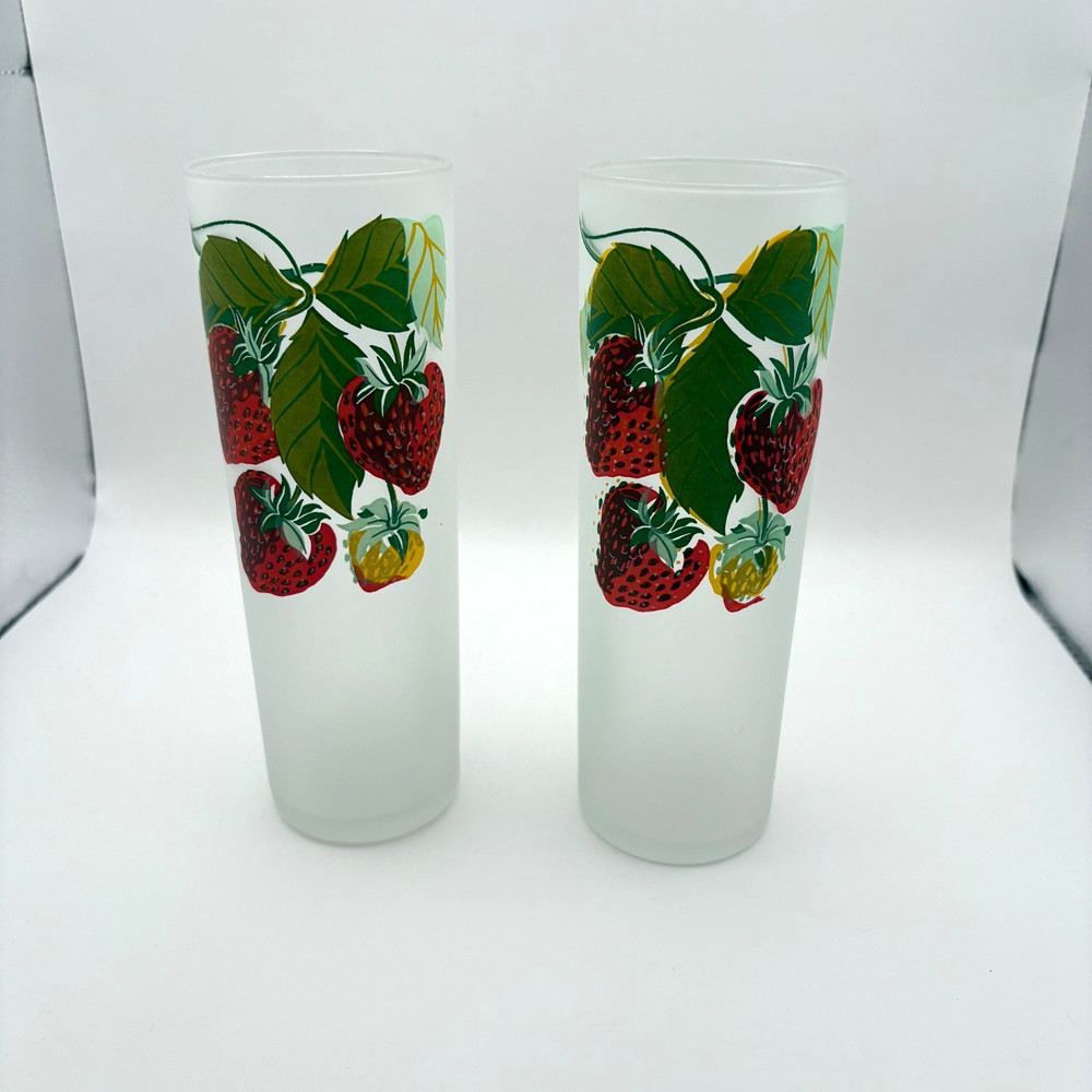 Vintage MCM Frosted Highball Tumbler Glass 7″ Strawberries Barware Set of 2