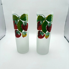 Vintage MCM Frosted Highball Tumbler Glass 7″ Strawberries Barware Set of 2