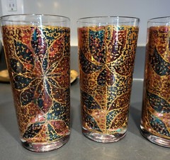 4 GEORGES BRIARD hiball glasses Floral flower tulip Green Gold Red SIGNED