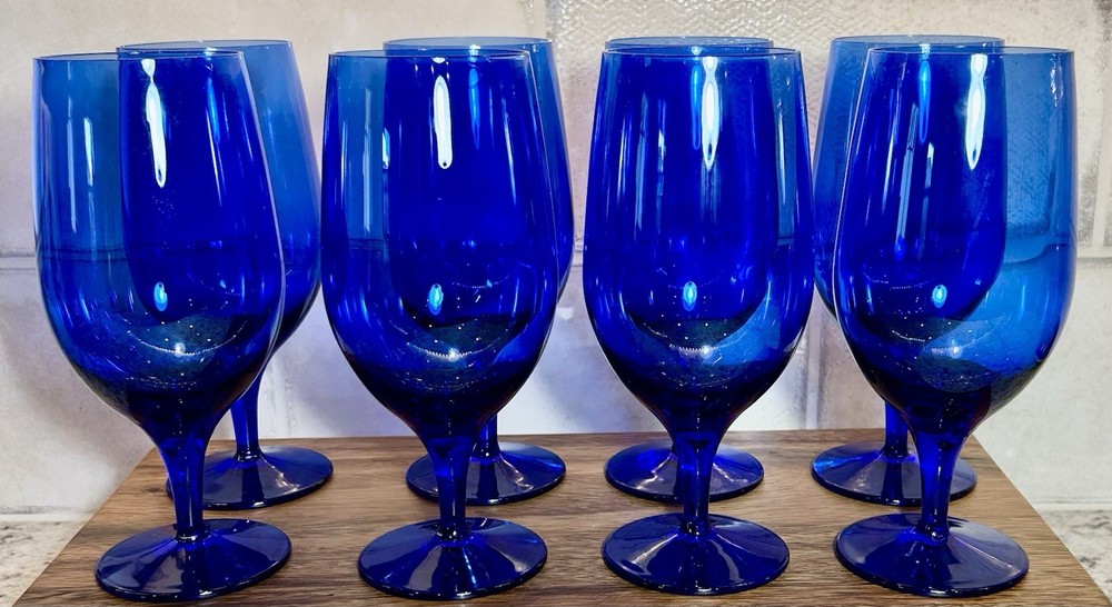 VTG Libbey Teardrop Cobalt Blue Water Wine Goblets Glasses 7 3/4” Tall Set Of 8