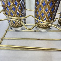 Vtg Set 8 Pasinski MCM Barware 22K Gold Blue Seville Highball Tumbler Glass Rack
