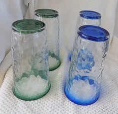Lot of 6 Libbey ice crackle tumblers 3 green 3 blue rim glasses ice tea