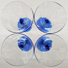 4) Libbey Domaine Blue Martini Glass Set Vintage Elegant Floral Stemware Bar Lot