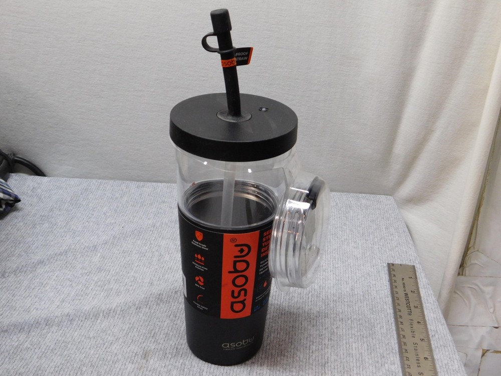 Asobu Tumbler Glass Black 28 Oz See-Through Straw Insulated With Lid Travel Mug