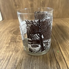 Currier and Ives Brown Double Old Fashioned Glass Old Homestead Winter Vintage