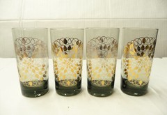 Vintage Federal Glass Pom Pom Set of 4 (A) Gray Smoke MCM Atomic Gold Medallion