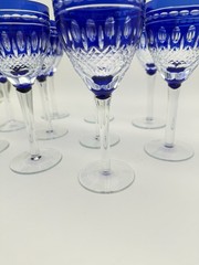 Vintage Akja Cobalt Blue Cut To Clear Tall Stem Wine Glasses Set of 10 6-3/4″