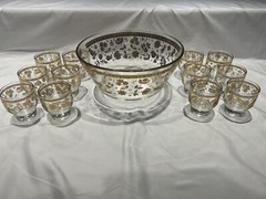 Vintage MCM Rare Culver Chantilly Variant Punch Bowl Set with 12 Glasses
