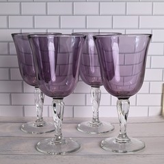 Set of 4 Amethyst Purple Wine Goblets Twisted Stem Vintage Glassware