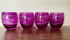 Set Of 4 Etched Glass Magenta Lowball Tumbler Tall Drinking Glasses