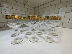 Set of 11 Vintage Wine Glasses Antique Gold & Turquoise Rimmed Barware – Crystal