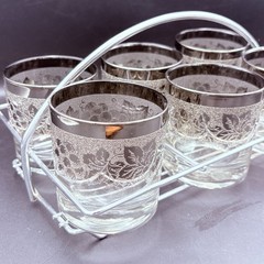 Vintage MCM Silver Ombre Double Old Fashioned Glasses With Carrier Set Of 6
