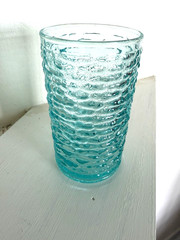 Vtg Anchor Hocking SORENO Aqua Blue/Turquoise 4″ JUICE GLASS Pressed Bark MCM