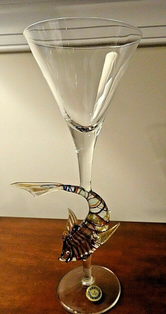 10″ Murano Art Glass Italy FISH Stem Goblet w/ Label Ribbon