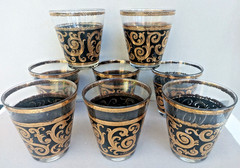 (8) Culver EBONY BAROQUE Gold Scroll/Black Band Flared Dbl Old Fashioned Glasses