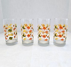 SET 4 VTG LIBBEY CRISA 16 OZ AUTUMN FALL LEAVES & ACORNS TUMBLERS GLASSES 1970S