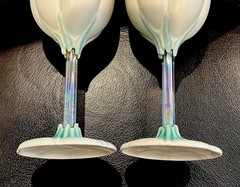 2 Newman Ceramic Works Tulip Wine Goblets Glasses Cream and Green Signed.