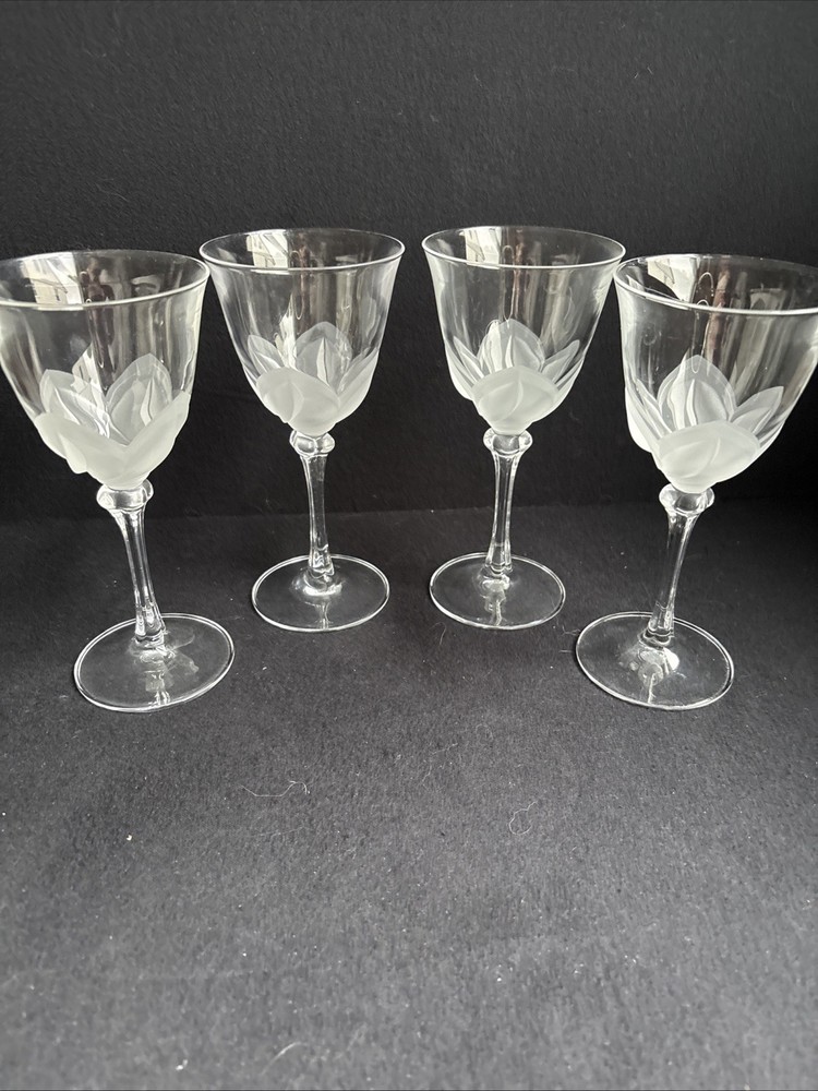 4 Vtg Cristal D’Arques Durand FLORENCE Crystal Frosted Tulip Wine Glasses France