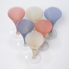 6 Red White Blue B Initial Cordial Trumpet Flute Glasses Iris Barrel Apfel, 4″h