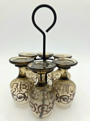 Libbey Prado Tawny Brown Scroll Cordial Goblets Set of 6 w/ Blk Metal Caddy VTG