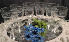 6 Vintage Art Deco Optic Floral Cut Footed Iced Tea Multi Beverage Glasses Set