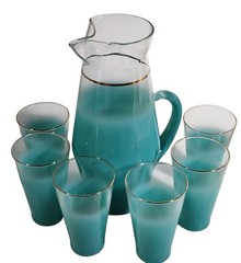 Vintage Aqua Frosted Glass Beverage Set Pitcher and 6 Tumblers Gold Rim 7 piece