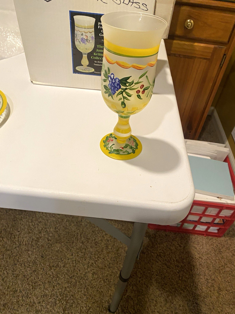 Frosted Decorated Glass Goblet, Yellow White Floral Pattern w/ Green Blue