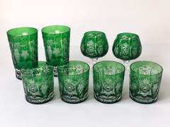 Ajka Emerald Green Marsala Cut Crystal Glassware Set 8-Piece Bohemian