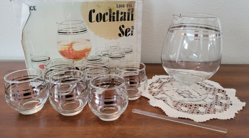 VTG Cocktail Service Set MCM Silver Bands Anchor Hocking in Original Box.