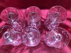 6 Rare vintage crystal clear etched cut glass footed tumblers, iced tea glasses