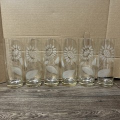 Vtg Frosted Etched Sunflower Floral Highball Glasses Set Of-6 Clear 7” Tumblers