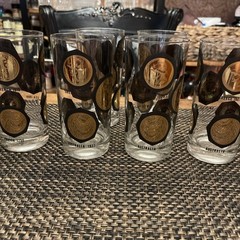 6 Libby Coins Around The World 22k Gold & Black MCM 12 Oz Highball Glasses , EUC