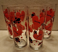 4pc VTG Love Bug Tall Slim Tom Collins Bar Tumbler Glasses Red Ladybugs Hearts