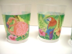 4 1/4″ tall PINK FLAMINGO, Parrot+ Macau Plastic Drinking Cups/Glasses Set of 3