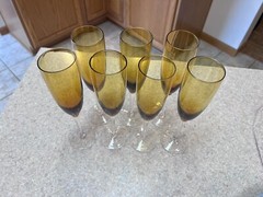 Amber Champagne Flutes Bell Shape Glasses W/ Clear Stems Holds 8oz. Set of 6