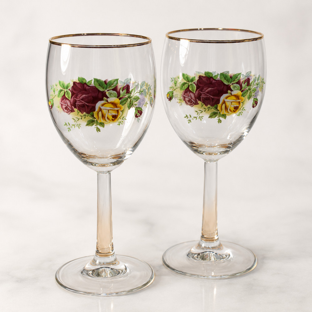 Royal Albert Old Country Roses Wine Glasses Pair 7.25″ Gold Rim Stemware