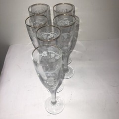 Set of 6 Pieces Cut Etched Crystal Champagne Glasses Grapes & Leaves Gold Rim