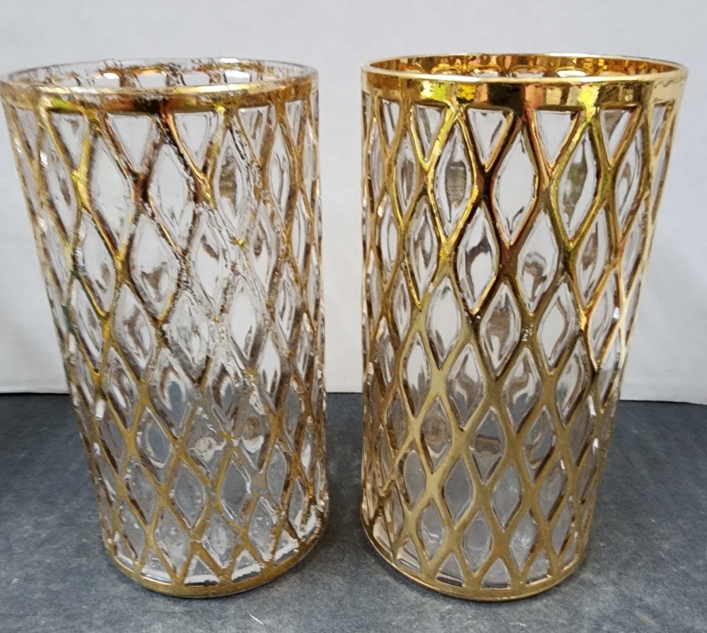 Lot of 2 Vintage Imperial Glass Gold Sekai Ichi Pattern Highball Tumbler Glasses