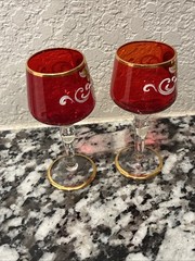 (2) Red Floral Venetian/ Bohemian Aperitif Glass Hand Painted Gold Overlay 3.75″