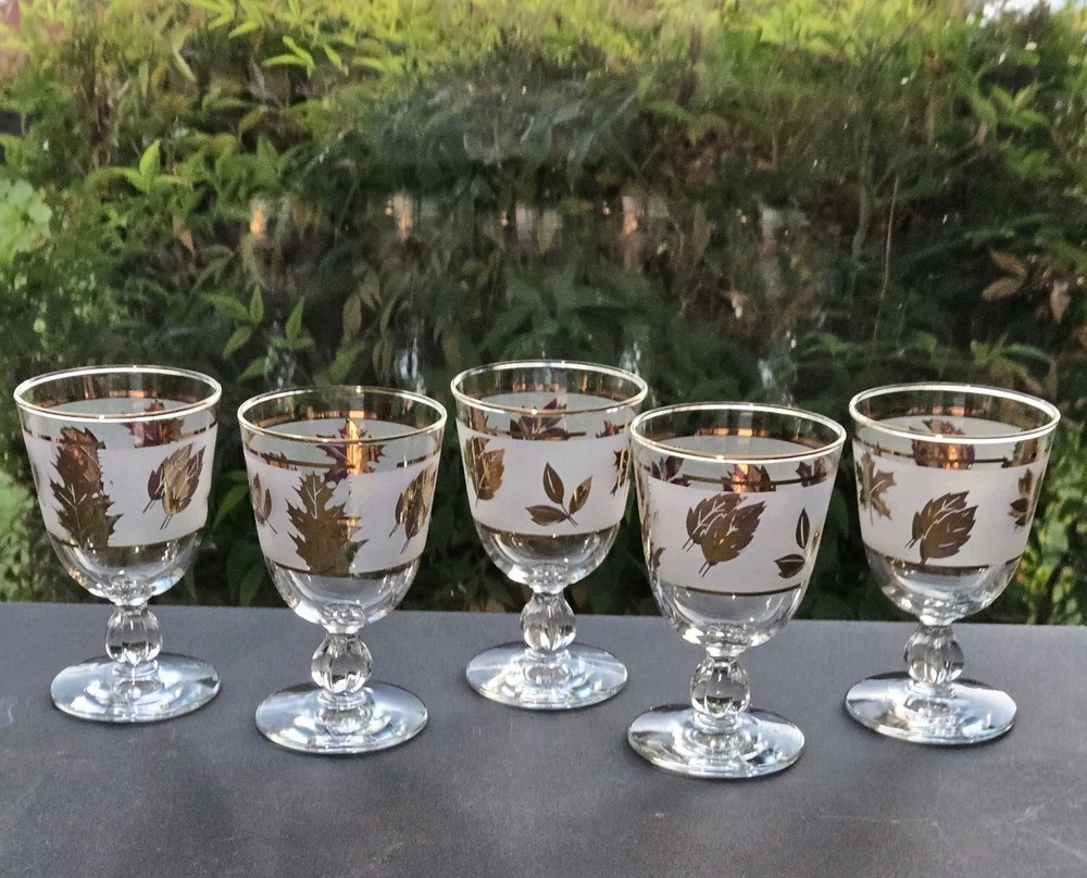 Libbey MCM Golden Foilage Gold Leaves Frosted Water Goblets Set of 5 Stem 3003