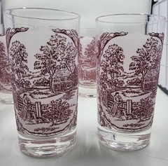 Vintage Royal China Memory Lane Pink Glass Tumblers 8oz 4.75″ Set of 6 Farmhouse