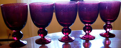 Vintage Set 5 WATER/WINE GOBLETS Hand Blown PLUM PURPLE SEEDED GLASS Ball Stem