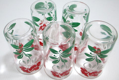 Vintage Glass Tumblers SET OF 5 Red Flowers White Green Leaves 4 3/4″ Tall